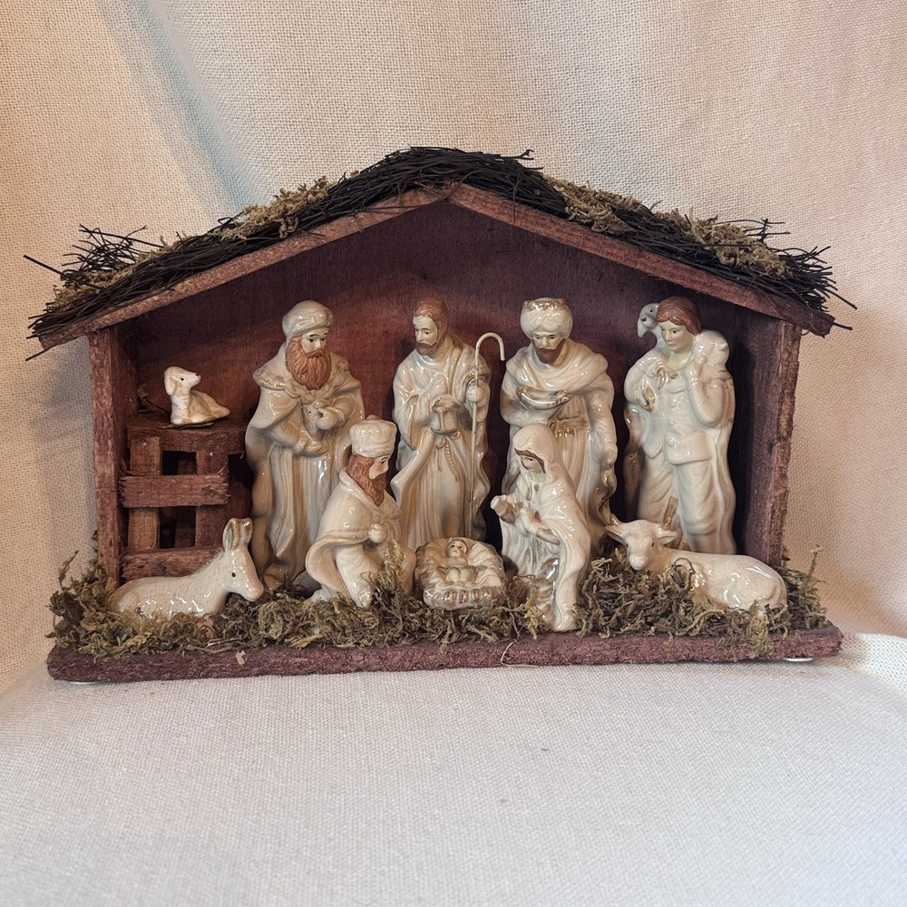 Vintage Nativity Set Porcelain Wood Moss Creche Christmas Decor Box Christian